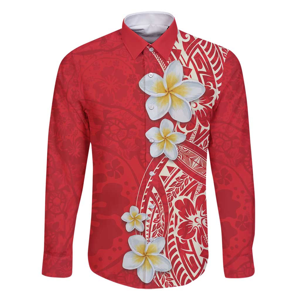 Plumeria Family Matching Mermaid Dress and Hawaiian Shirt Polynesian Tribal Frangipani Red LT03 Dad's Shirt - Long Sleeve Red - Polynesian Pride