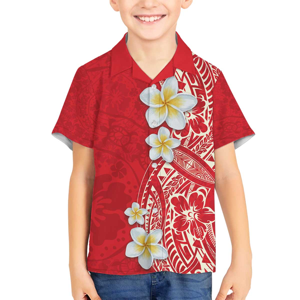 Plumeria Family Matching Off The Shoulder Long Sleeve Dress and Hawaiian Shirt Polynesian Tribal Frangipani Red