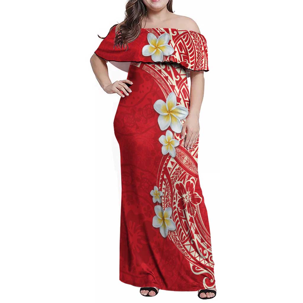 Plumeria Family Matching Off Shoulder Maxi Dress and Hawaiian Shirt Polynesian Tribal Frangipani Red