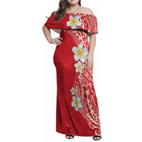 Plumeria Family Matching Off Shoulder Maxi Dress and Hawaiian Shirt Polynesian Tribal Frangipani Red
