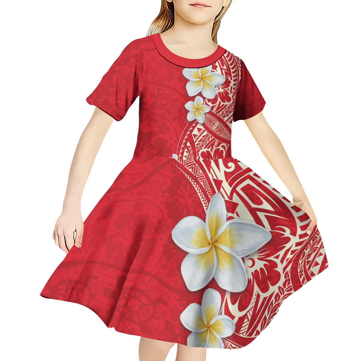 Plumeria Kid Short Sleeve Dress Polynesian Tribal Frangipani Red