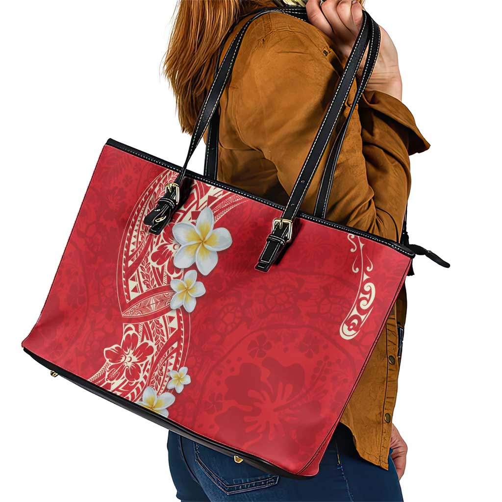 Plumeria Leather Tote Bag Polynesian Tribal Frangipani Red