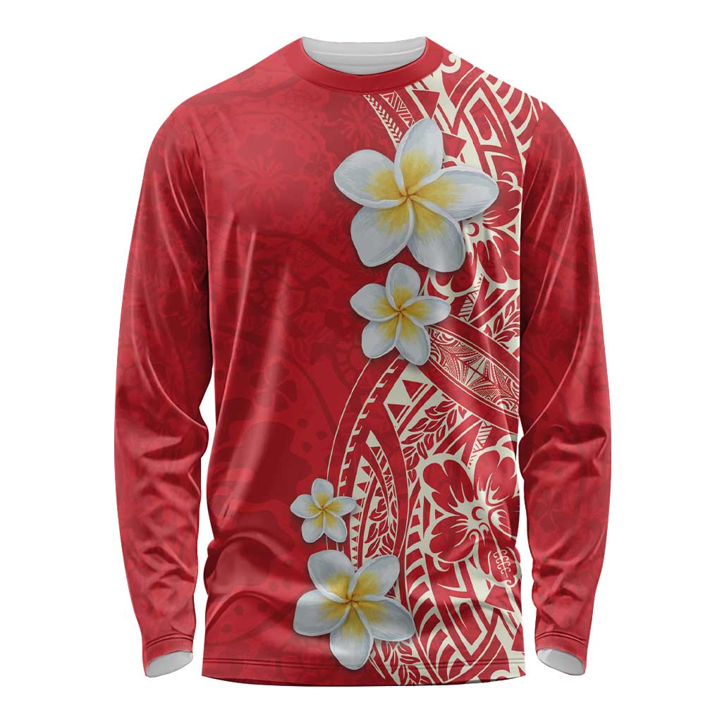 Plumeria Long Sleeve Shirt Polynesian Tribal Frangipani Red LT03 Unisex Red - Polynesian Pride