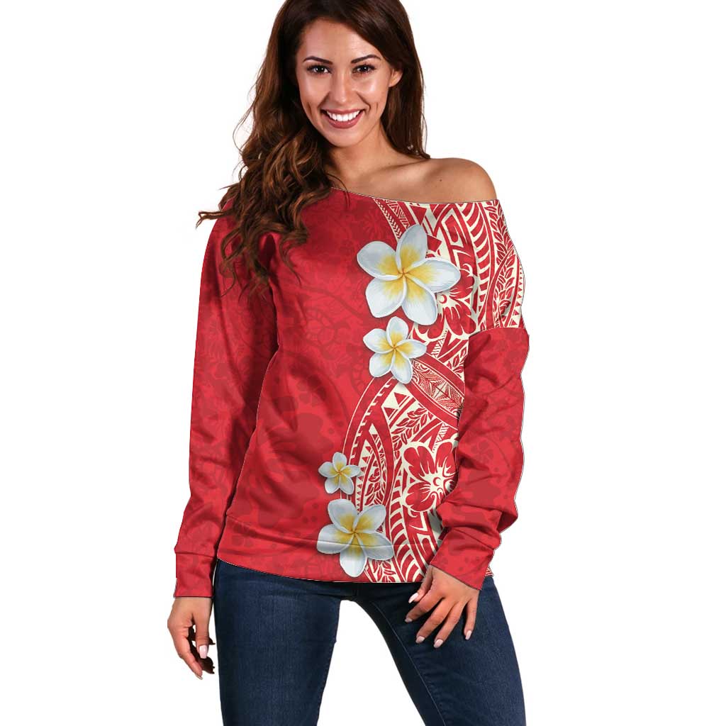 Plumeria Off Shoulder Sweater Polynesian Tribal Frangipani Red LT03 Women Red - Polynesian Pride