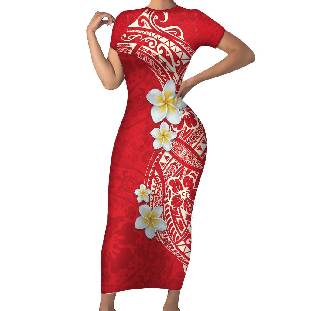 Plumeria Short Sleeve Bodycon Dress Polynesian Tribal Frangipani Red LT03 Long Dress Red - Polynesian Pride