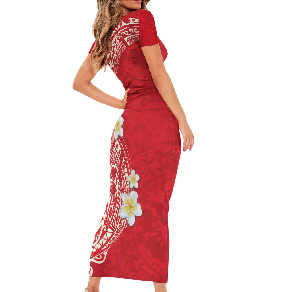 Plumeria Short Sleeve Bodycon Dress Polynesian Tribal Frangipani Red LT03 - Polynesian Pride