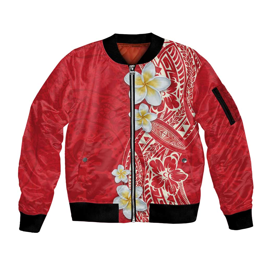 Plumeria Sleeve Zip Bomber Jacket Polynesian Tribal Frangipani Red LT03 Unisex Red - Polynesian Pride