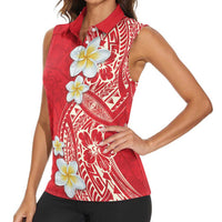Plumeria Women Sleeveless Polo Shirt Polynesian Tribal Frangipani Red