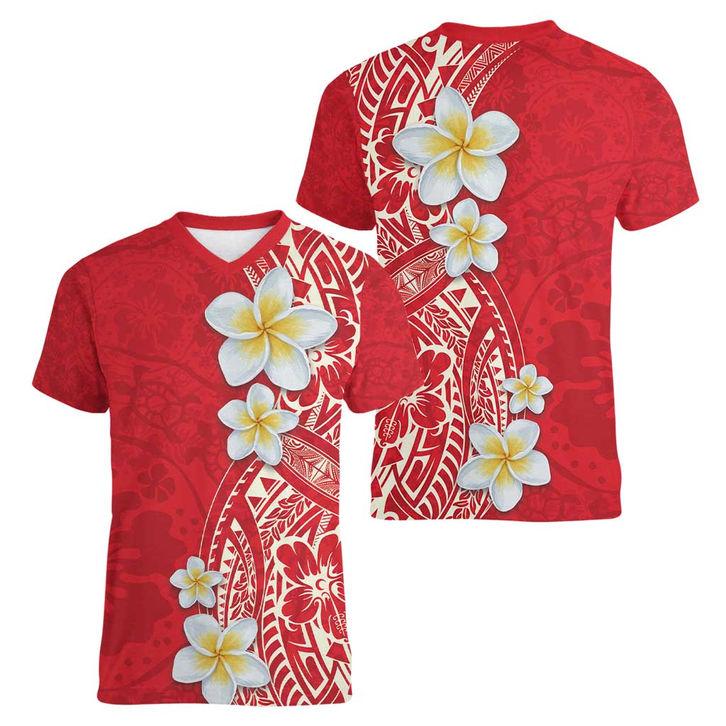 Plumeria Women V-Neck T-Shirt Polynesian Tribal Frangipani Red