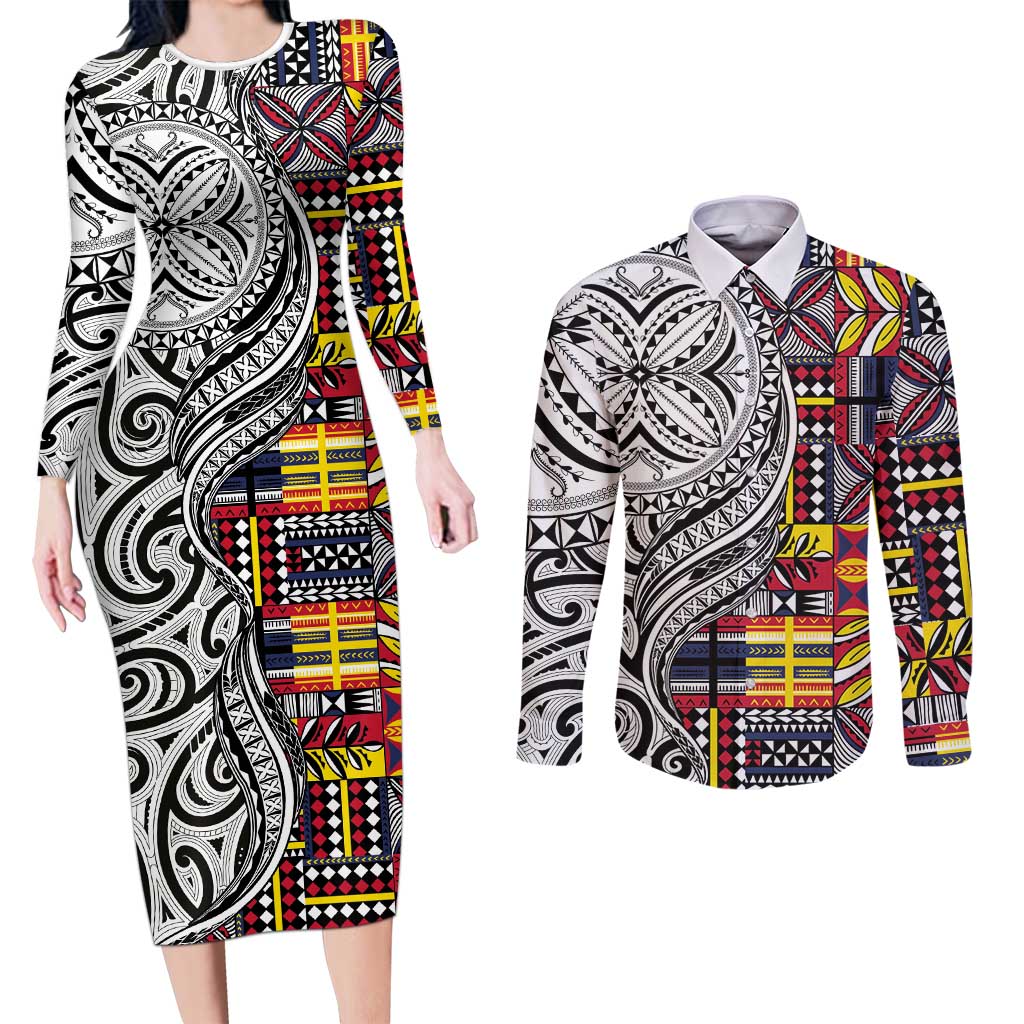 Niue Hiapo and Maori Decoration Tattoos Couples Matching Long Sleeve Bodycon Dress and Long Sleeve Button Shirt - Polynesian Pride