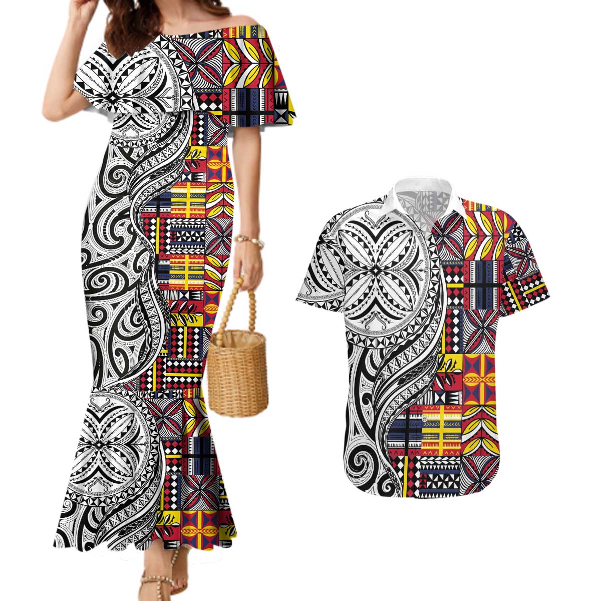 Niue Hiapo and Maori Decoration Tattoos Couples Matching Mermaid Dress and Hawaiian Shirt - Polynesian Pride