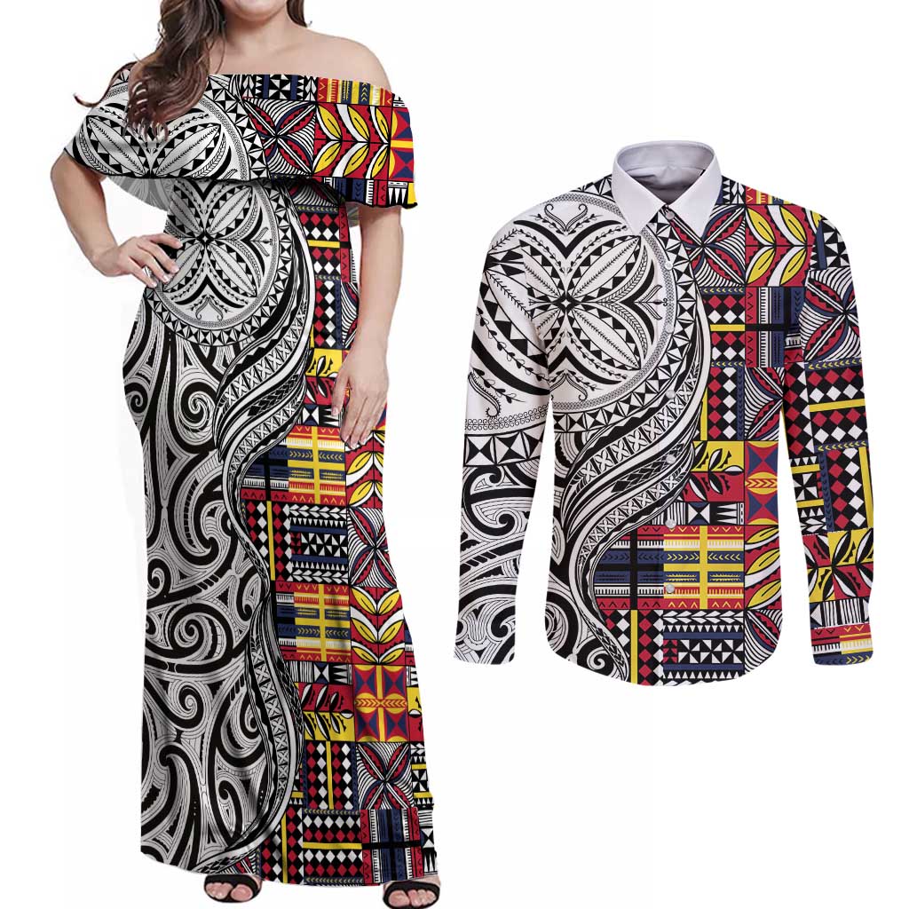 Niue Hiapo and Maori Decoration Tattoos Couples Matching Off Shoulder Maxi Dress and Long Sleeve Button Shirt - Polynesian Pride