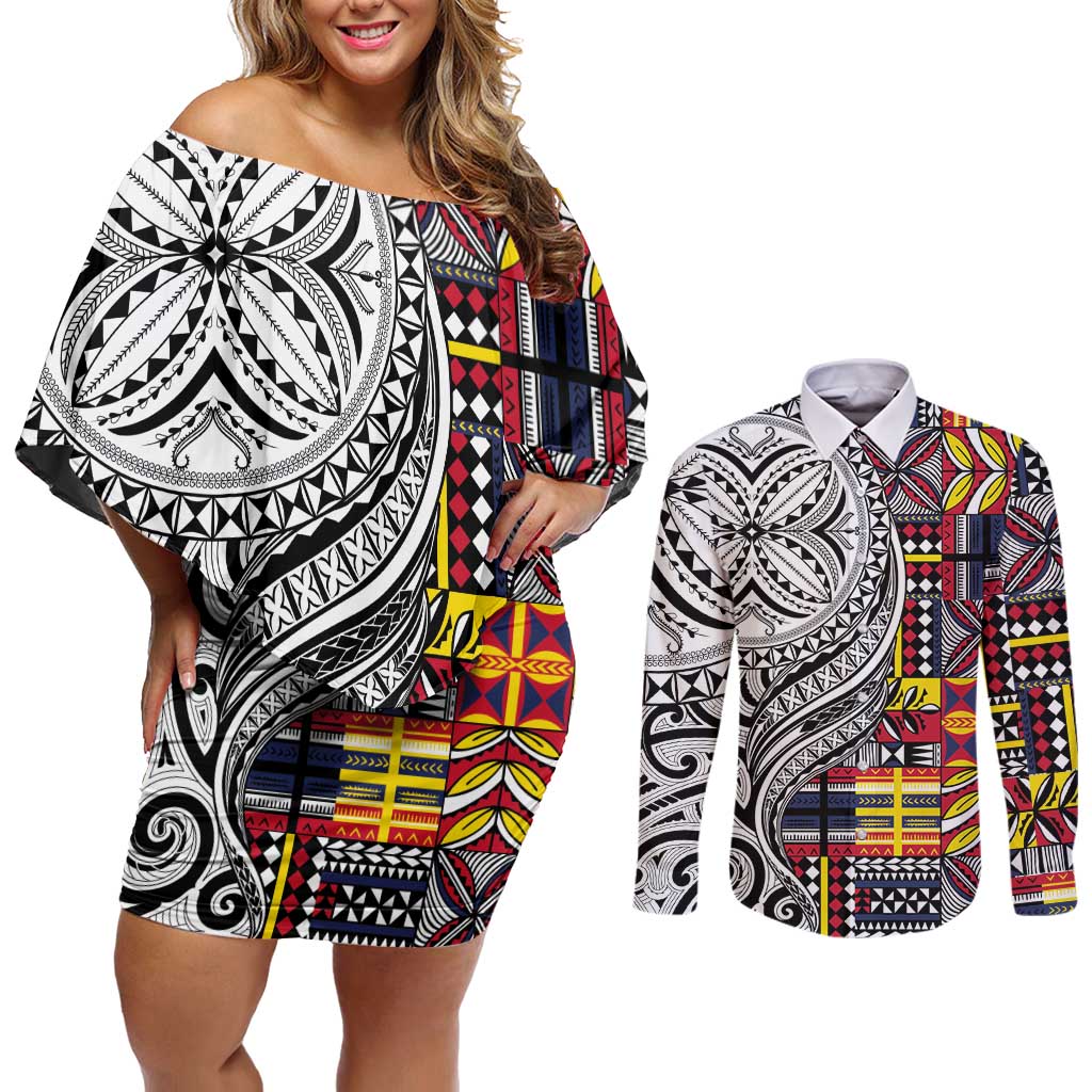 Niue Hiapo and Maori Decoration Tattoos Couples Matching Off Shoulder Short Dress and Long Sleeve Button Shirt - Polynesian Pride