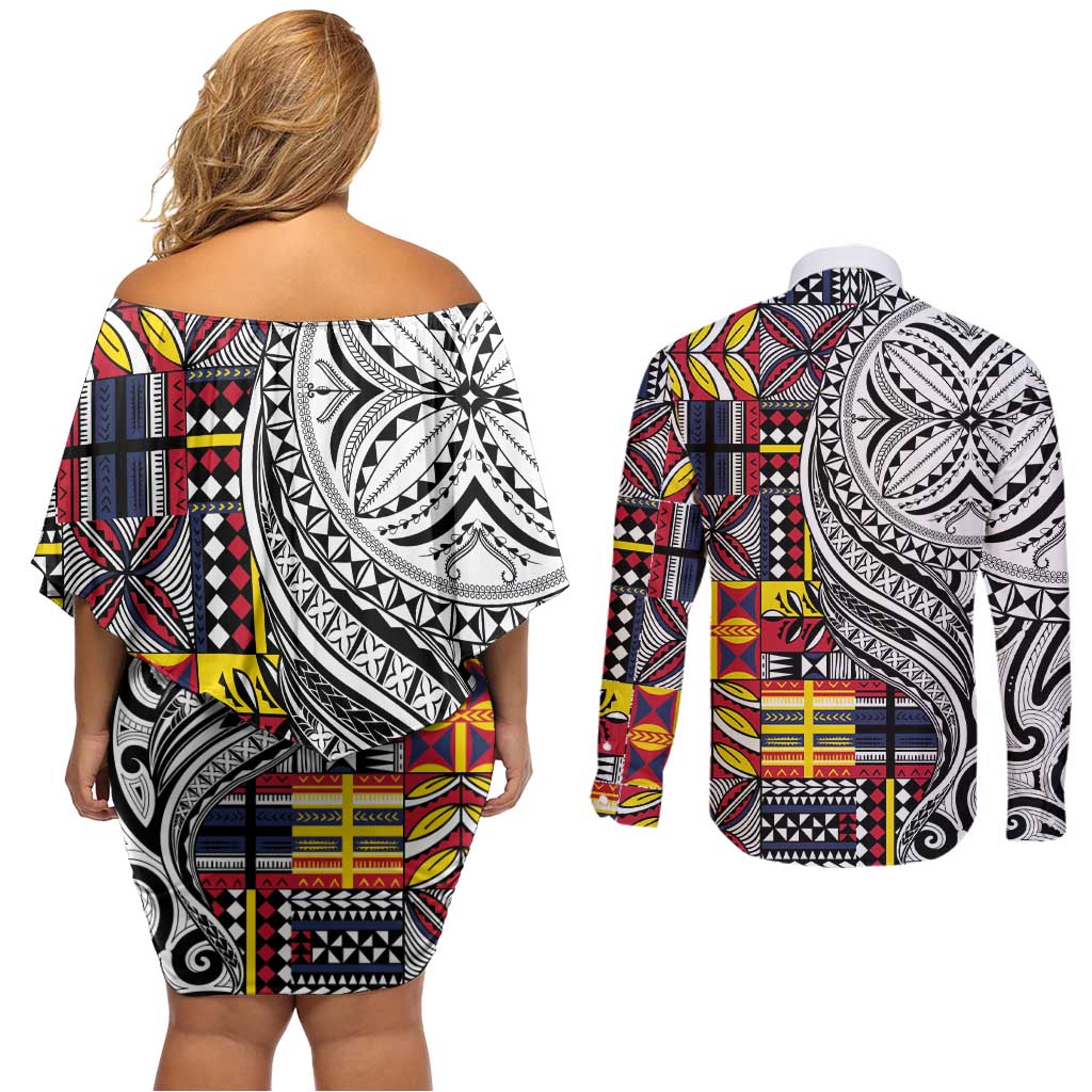 Niue Hiapo and Maori Decoration Tattoos Couples Matching Off Shoulder Short Dress and Long Sleeve Button Shirt - Polynesian Pride