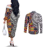 Niue Hiapo and Maori Decoration Tattoos Couples Matching Off The Shoulder Long Sleeve Dress and Long Sleeve Button Shirt - Polynesian Pride
