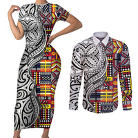 Niue Hiapo and Maori Decoration Tattoos Couples Matching Short Sleeve Bodycon Dress and Long Sleeve Button Shirt - Polynesian Pride