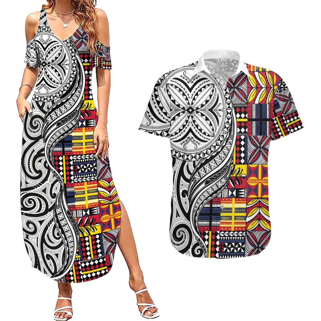 Niue Hiapo and Maori Decoration Tattoos Couples Matching Summer Maxi Dress and Hawaiian Shirt - Polynesian Pride