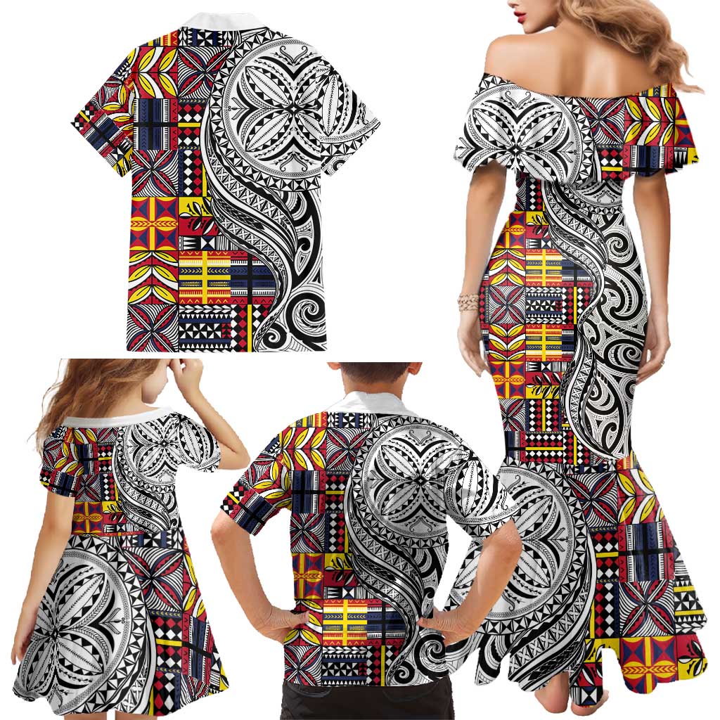 Niue Hiapo and Maori Decoration Tattoos Family Matching Mermaid Dress and Hawaiian Shirt - Polynesian Pride