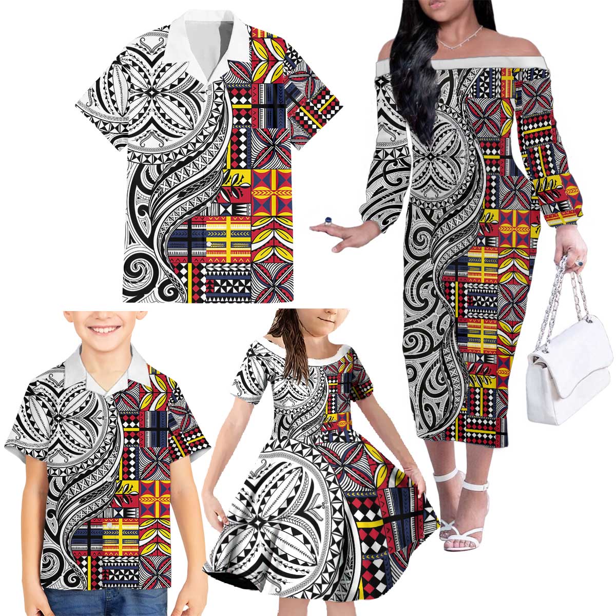 Niue Hiapo and Maori Decoration Tattoos Family Matching Off The Shoulder Long Sleeve Dress and Hawaiian Shirt - Polynesian Pride