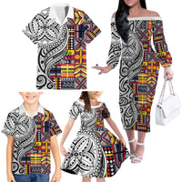 Niue Hiapo and Maori Decoration Tattoos Family Matching Off The Shoulder Long Sleeve Dress and Hawaiian Shirt - Polynesian Pride