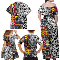 Niue Hiapo and Maori Decoration Tattoos Family Matching Off Shoulder Maxi Dress and Hawaiian Shirt - Polynesian Pride