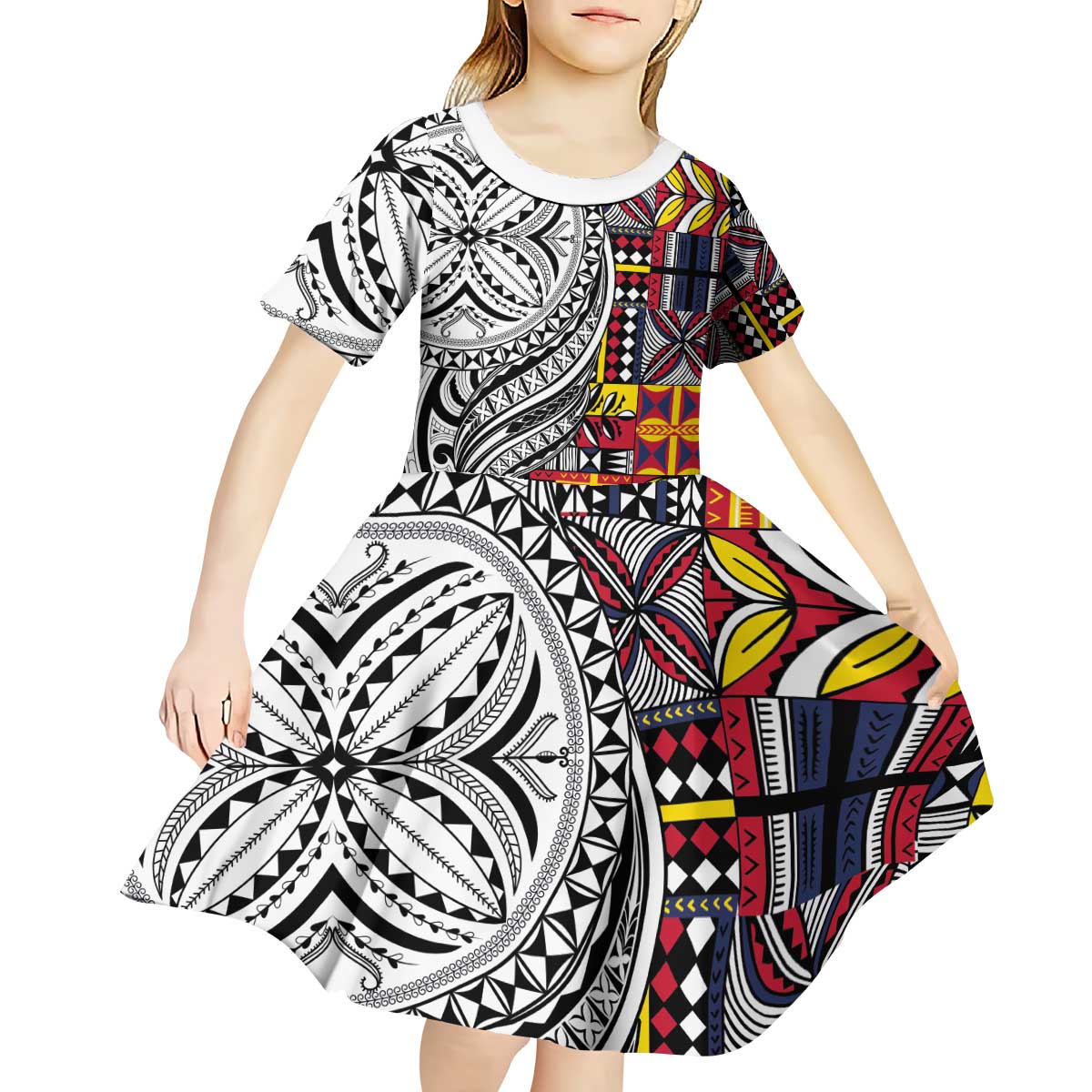 Niue Hiapo and Maori Decoration Tattoos Kid Short Sleeve Dress - Polynesian Pride