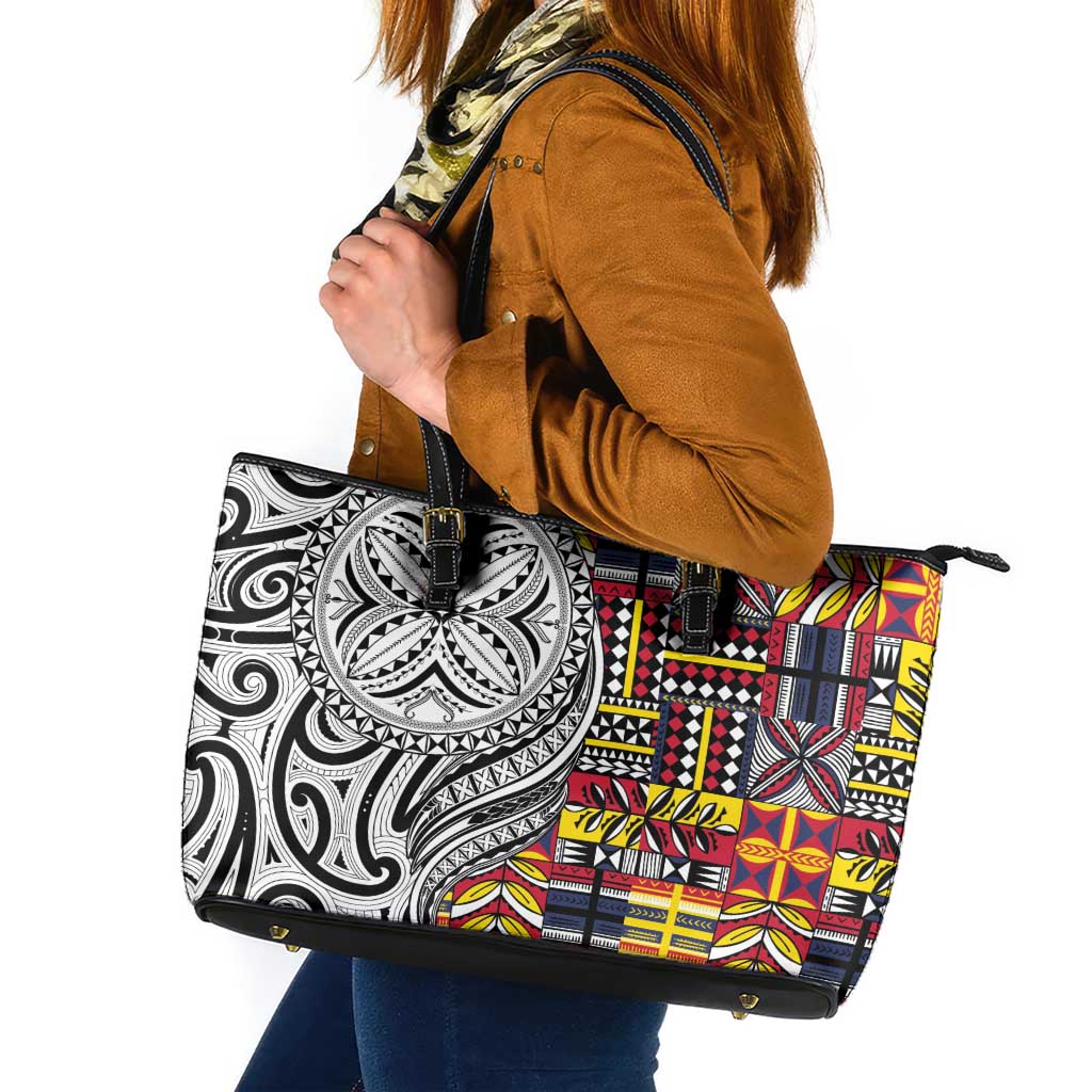 Niue Hiapo and Maori Decoration Tattoos Leather Tote Bag - Polynesian Pride