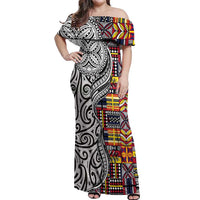 Niue Hiapo and Maori Decoration Tattoos Off Shoulder Maxi Dress - Polynesian Pride