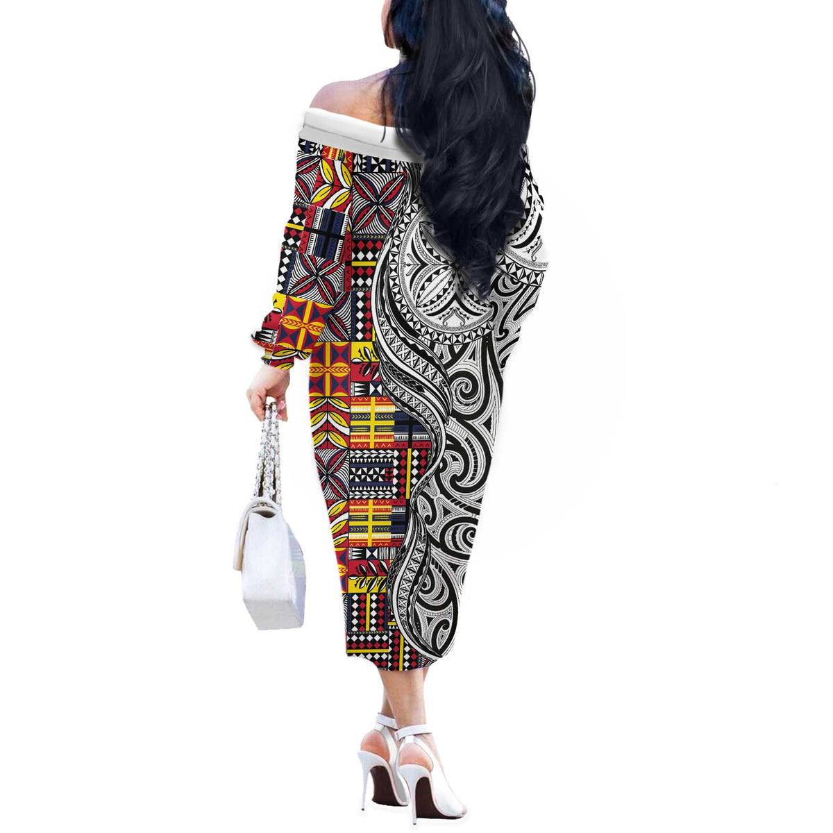 Niue Hiapo and Maori Decoration Tattoos Off The Shoulder Long Sleeve Dress - Polynesian Pride