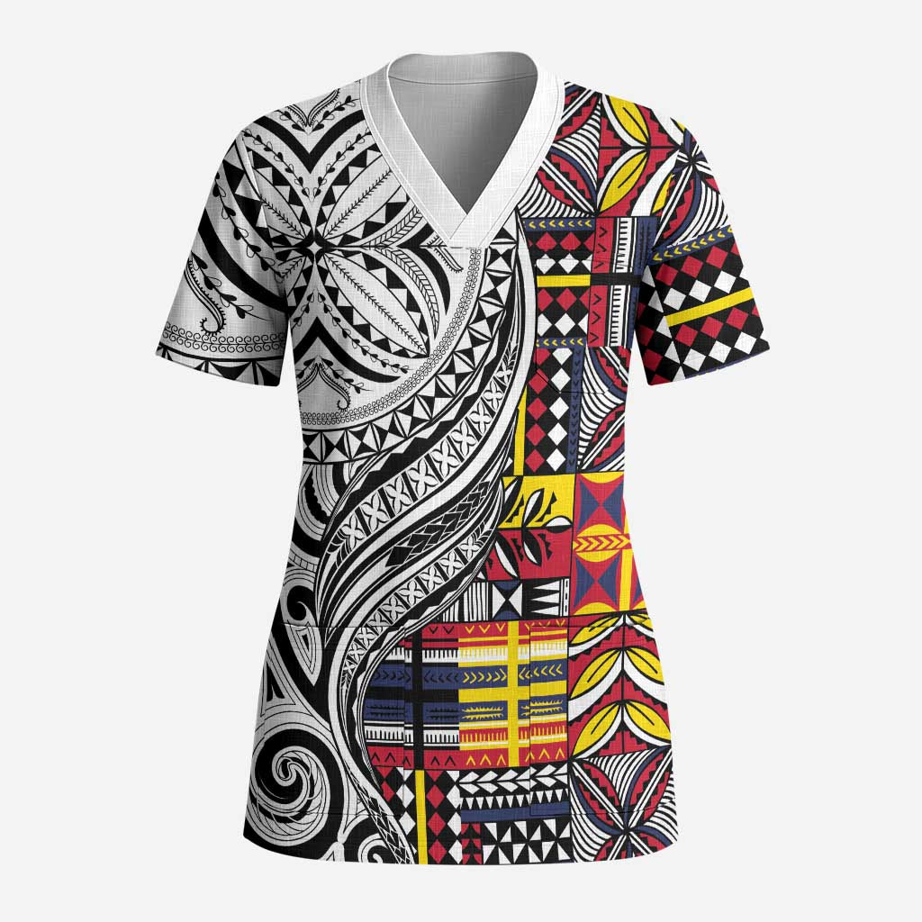 Niue Hiapo and Maori Decoration Tattoos Scrub Top LT03 Adult White - Polynesian Pride