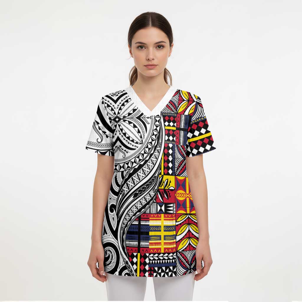 Niue Hiapo and Maori Decoration Tattoos Scrub Top - Polynesian Pride