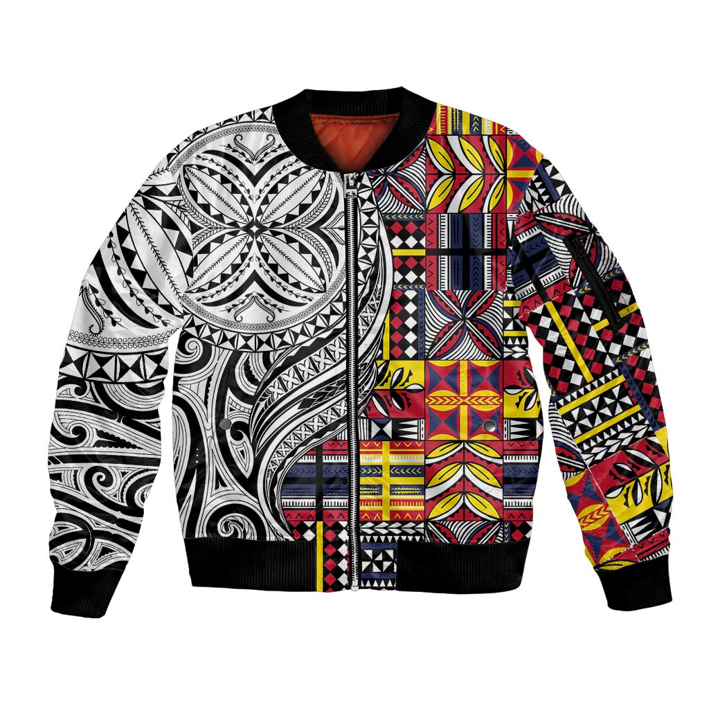 Niue Hiapo and Maori Decoration Tattoos Sleeve Zip Bomber Jacket - Polynesian Pride