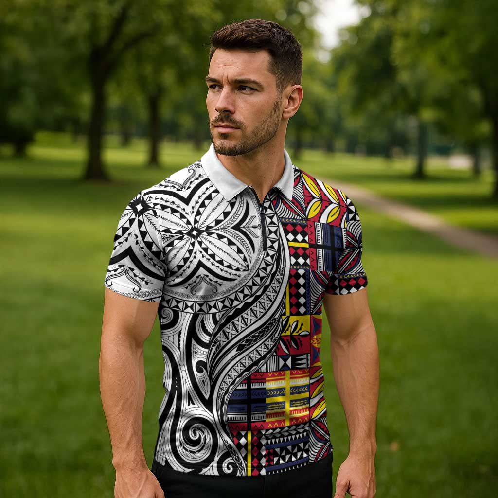 Niue Hiapo and Maori Decoration Tattoos Zipper Polo Shirt - Polynesian Pride