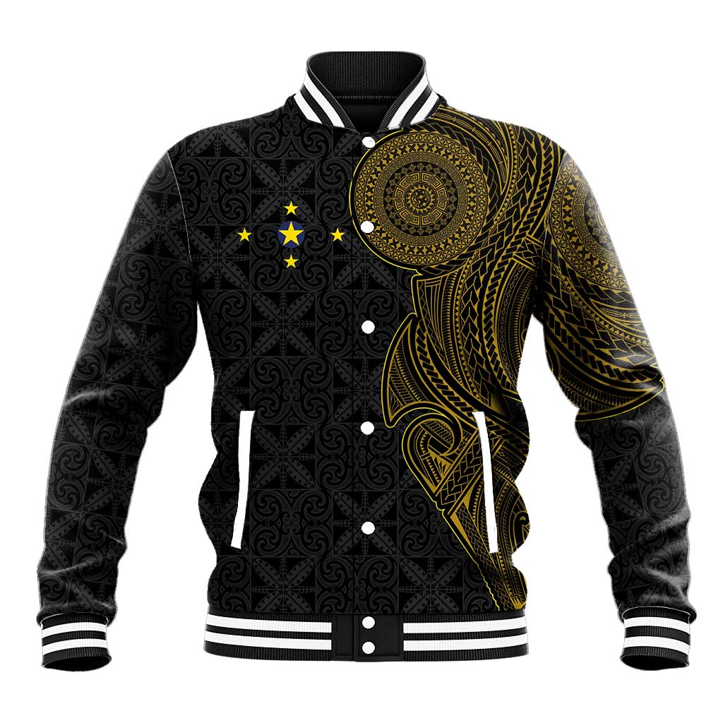 Niue Polynesian Hiapo Tattoo Art Baseball Jacket Half Style Black Gold Color - Polynesian Pride