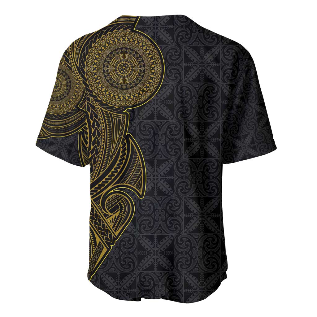 Niue Polynesian Hiapo Tattoo Art Baseball Jersey Half Style Black Gold Color - Polynesian Pride