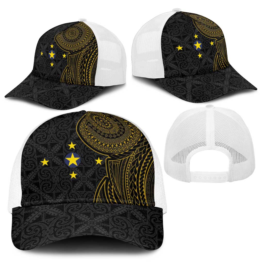 Niue Polynesian Hiapo Tattoo Art Baseball Net Cap Half Style Black Gold Color - Polynesian Pride