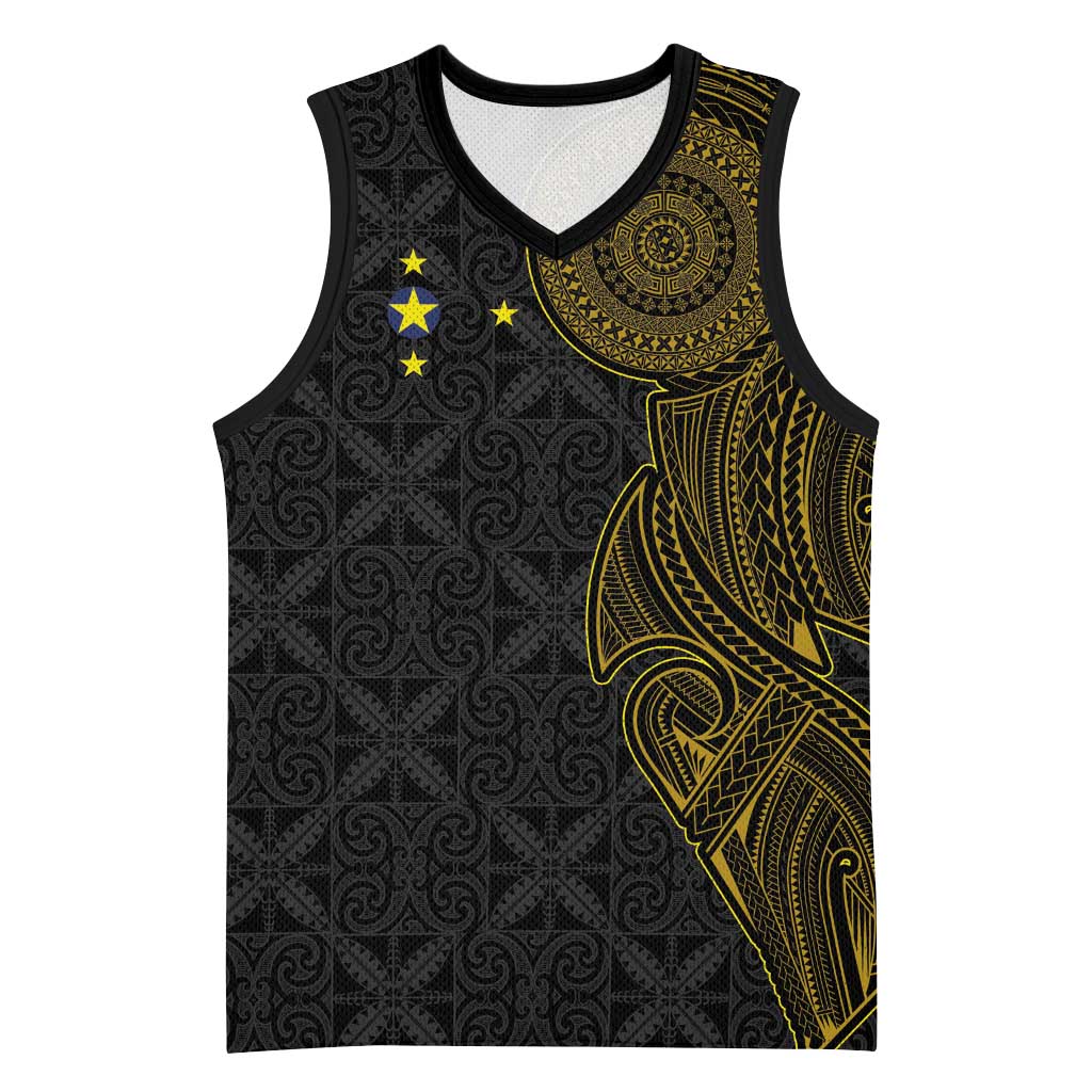 Niue Polynesian Hiapo Tattoo Art Basketball Jersey Half Style Black Gold Color - Polynesian Pride