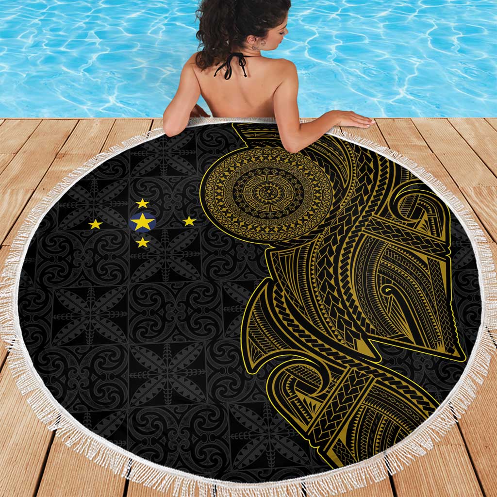 Niue Polynesian Hiapo Tattoo Art Beach Blanket Half Style Black Gold Color - Polynesian Pride