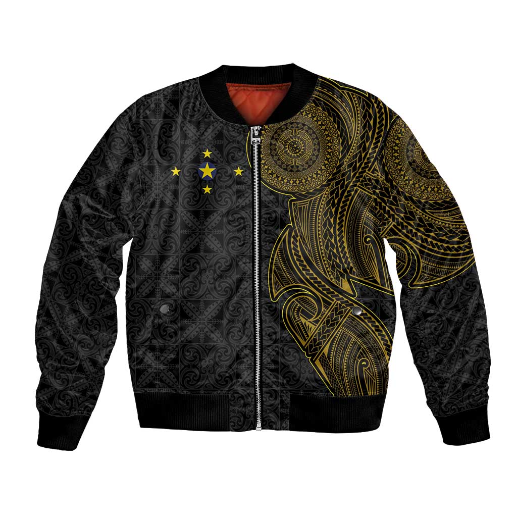 Niue Polynesian Hiapo Tattoo Art Bomber Jacket Half Style Black Gold Color - Polynesian Pride