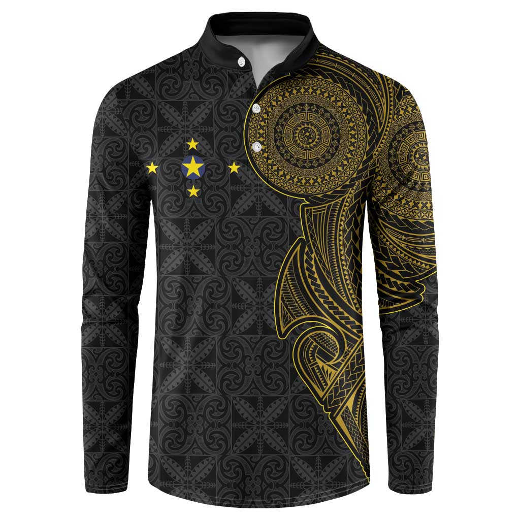 Niue Polynesian Hiapo Tattoo Art Button Sweatshirt Half Style Black Gold Color - Polynesian Pride