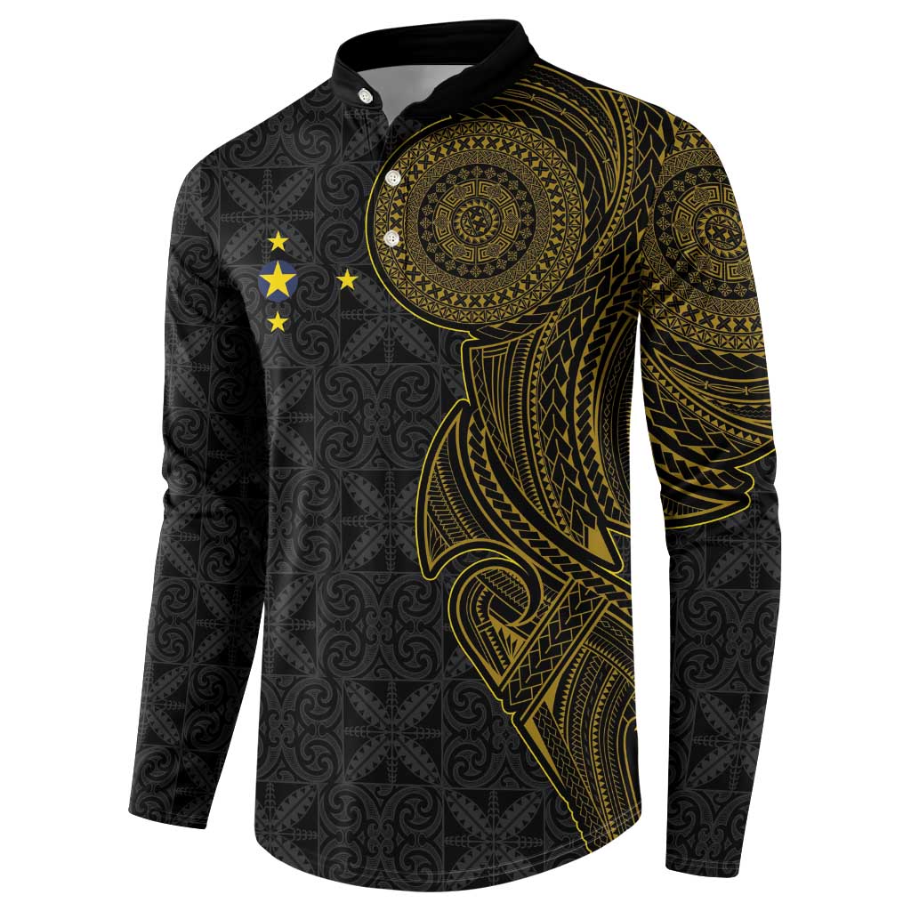 Niue Polynesian Hiapo Tattoo Art Button Sweatshirt Half Style Black Gold Color - Polynesian Pride