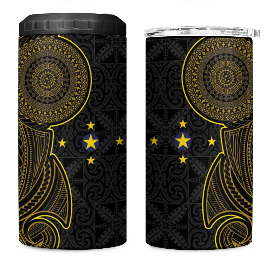 Niue Polynesian Hiapo Tattoo Art 4 in 1 Can Cooler Tumbler Half Style Black Gold Color - Polynesian Pride