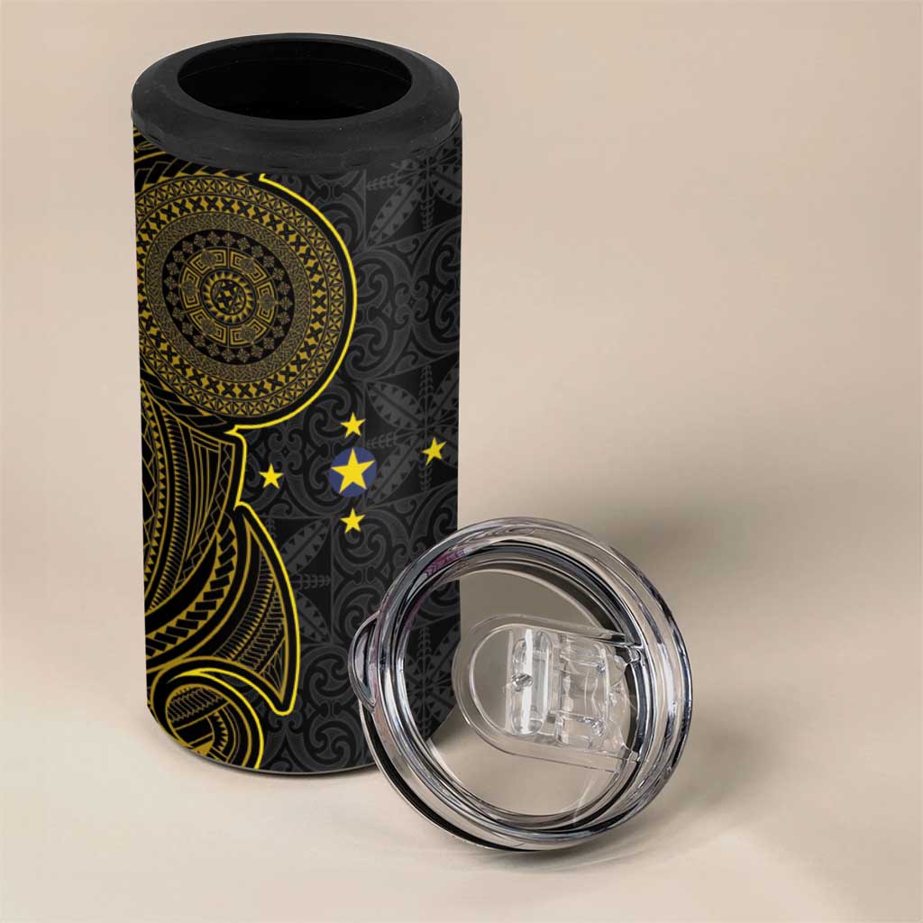 Niue Polynesian Hiapo Tattoo Art 4 in 1 Can Cooler Tumbler Half Style Black Gold Color - Polynesian Pride
