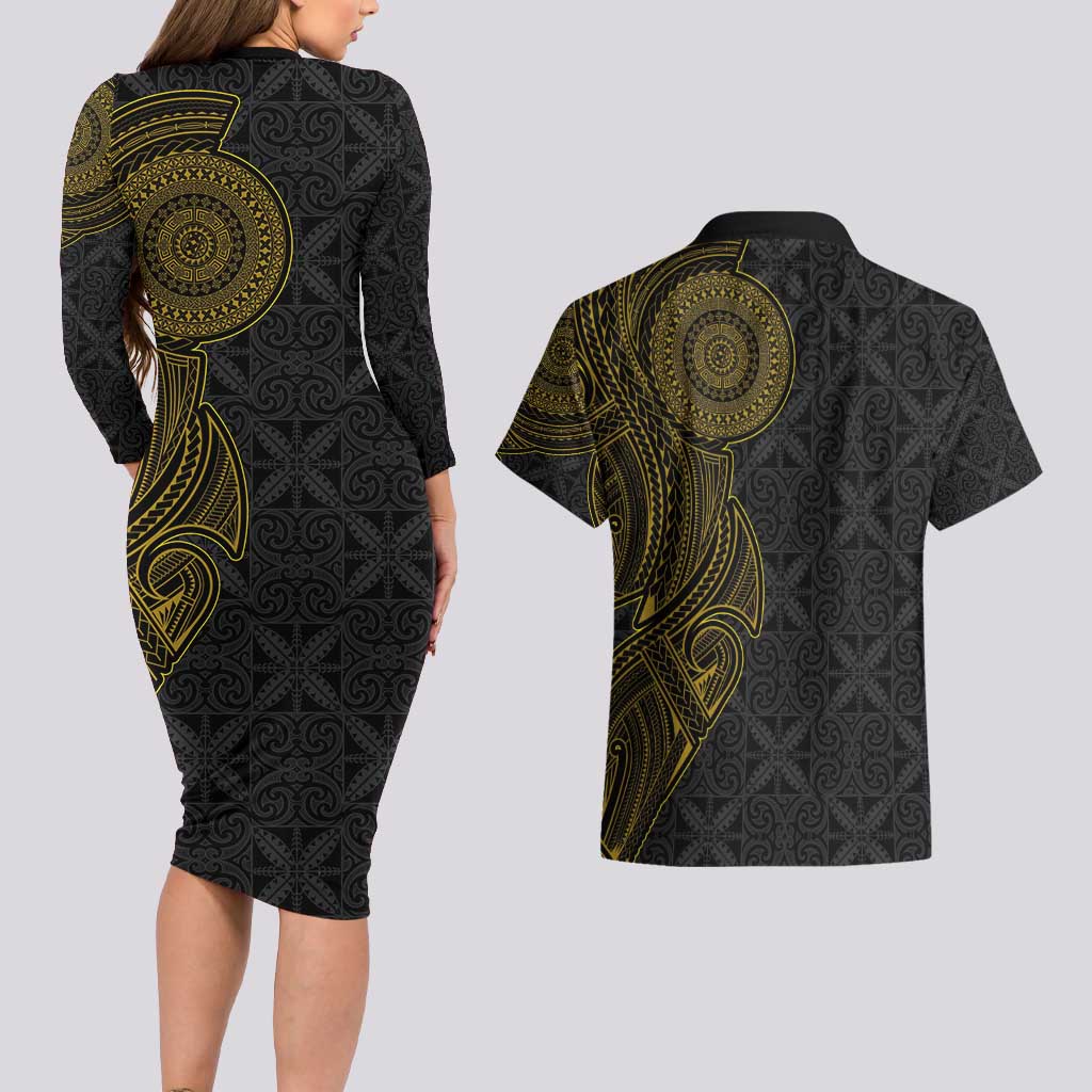 Niue Polynesian Hiapo Tattoo Art Couples Matching Long Sleeve Bodycon Dress and Hawaiian Shirt Half Style Black Gold Color - Polynesian Pride