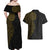 Niue Polynesian Hiapo Tattoo Art Couples Matching Off Shoulder Maxi Dress and Hawaiian Shirt Half Style Black Gold Color - Polynesian Pride