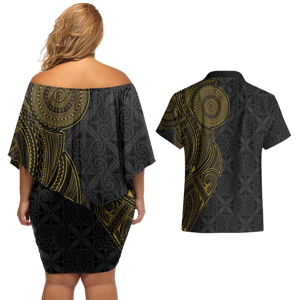 Niue Polynesian Hiapo Tattoo Art Couples Matching Off Shoulder Short Dress and Hawaiian Shirt Half Style Black Gold Color - Polynesian Pride