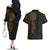 Niue Polynesian Hiapo Tattoo Art Couples Matching Off The Shoulder Long Sleeve Dress and Hawaiian Shirt Half Style Black Gold Color - Polynesian Pride