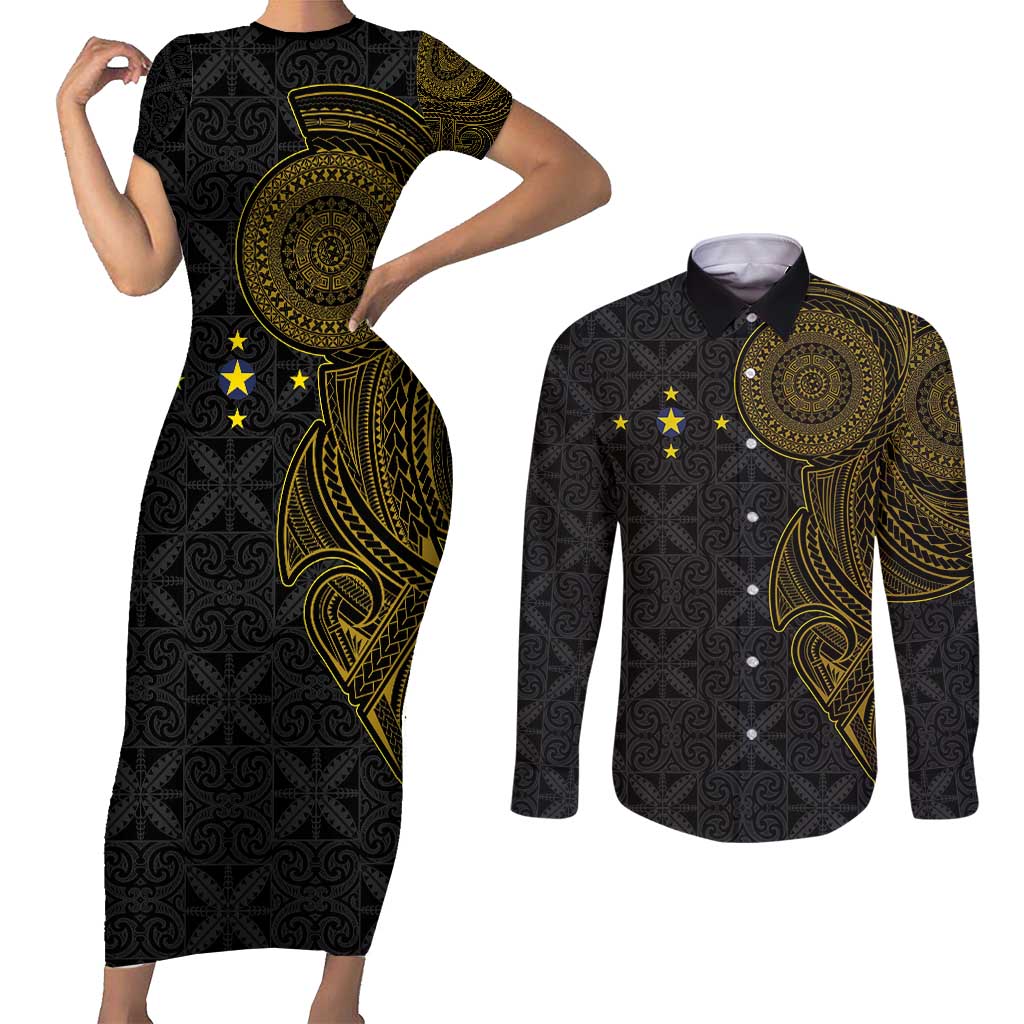 Niue Polynesian Hiapo Tattoo Art Couples Matching Short Sleeve Bodycon Dress and Long Sleeve Button Shirt Half Style Black Gold Color - Polynesian Pride