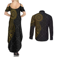 Niue Polynesian Hiapo Tattoo Art Couples Matching Summer Maxi Dress and Long Sleeve Button Shirt Half Style Black Gold Color - Polynesian Pride
