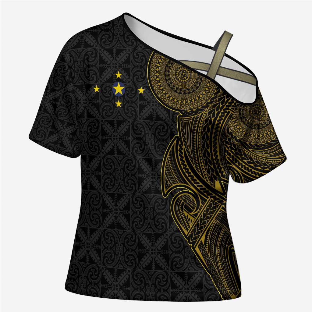 Niue Polynesian Hiapo Tattoo Art Cross Shoulder Shirt Half Style Black Gold Color - Polynesian Pride